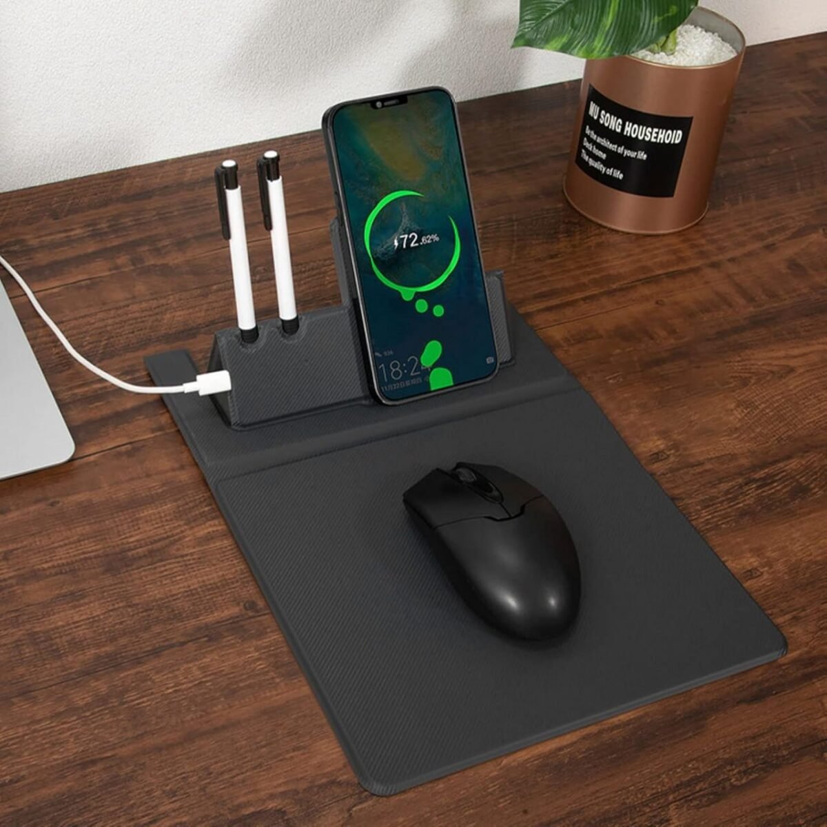 ⁦Chargeur sans fil 5 en 1 pliable 15 W, tapis de souris avec porte-crayon et support de téléphone pour le bureau⁩ - الصورة ⁦5⁩